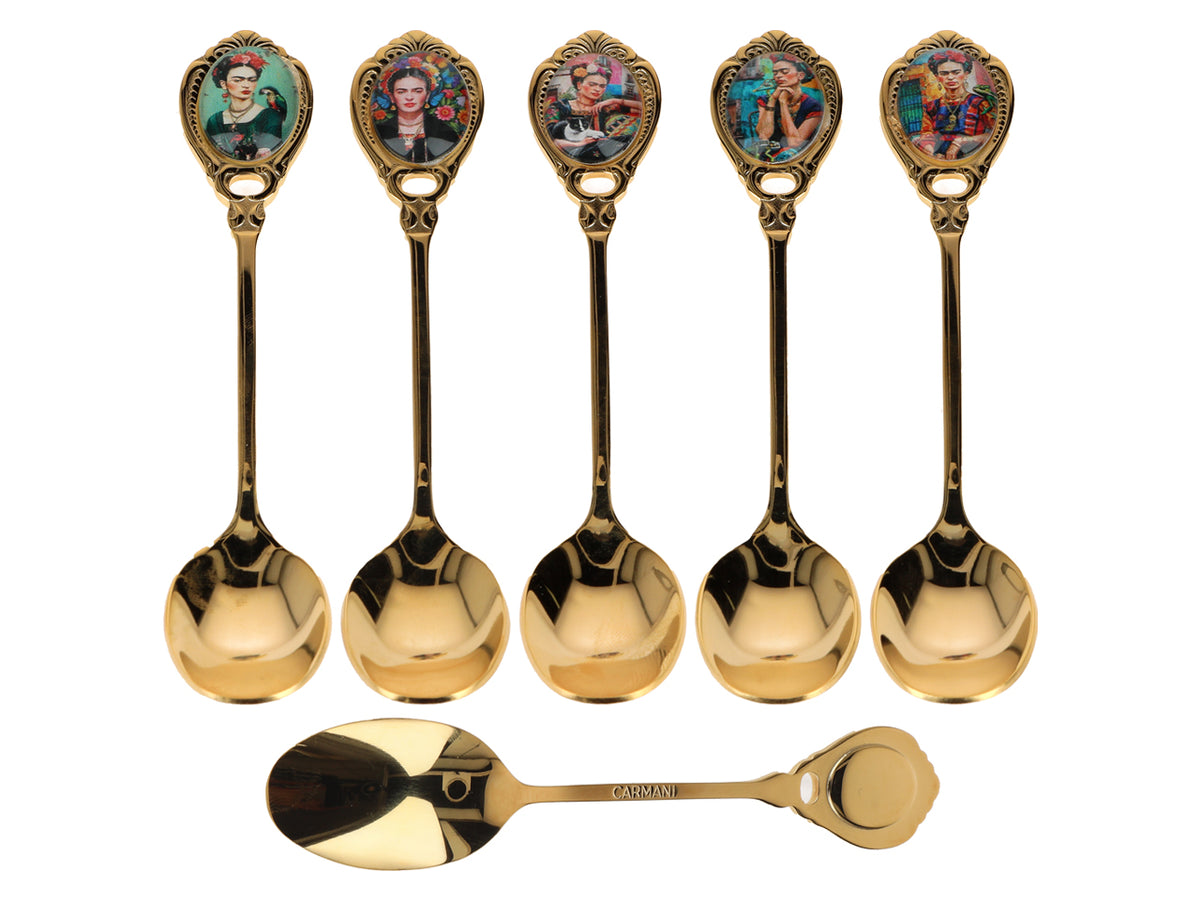 Sada 6 lžiček potažených 24K zlatem F. Kahlo s možností personalizace gravírováním - elegantní příbor jako dárek, 13 cm, CARMANI