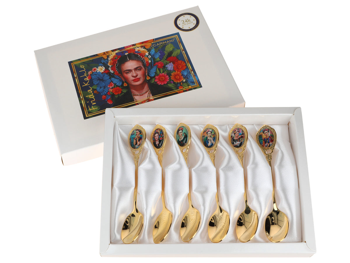 Sada 6 lžiček potažených 24K zlatem F. Kahlo s možností personalizace gravírováním - elegantní příbor jako dárek, 13 cm, CARMANI