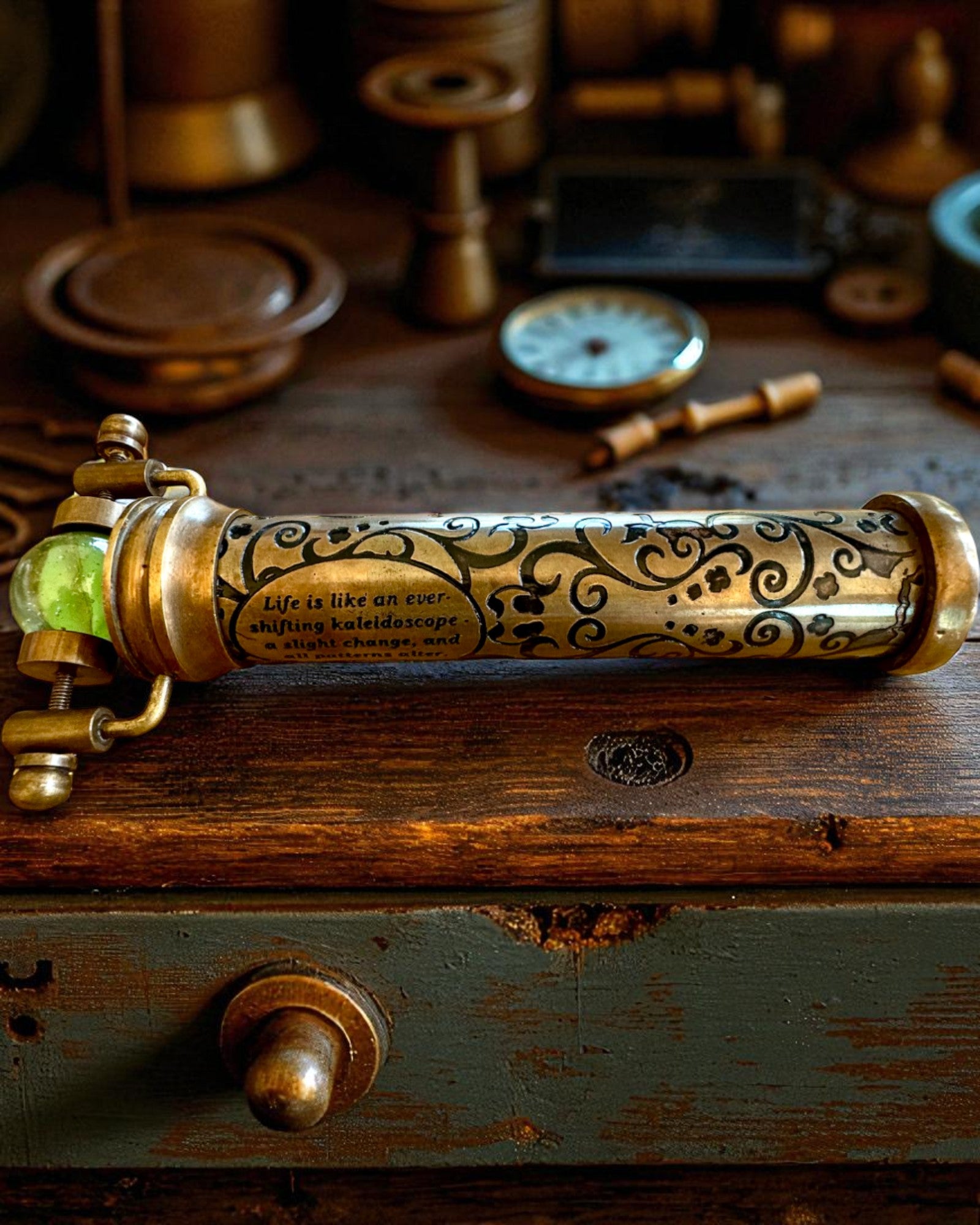 Kaleidoskop Vintage „Smaragdové sny”, 15 cm – ručně vyrobený, možnost personalizace gravírováním jako dárek