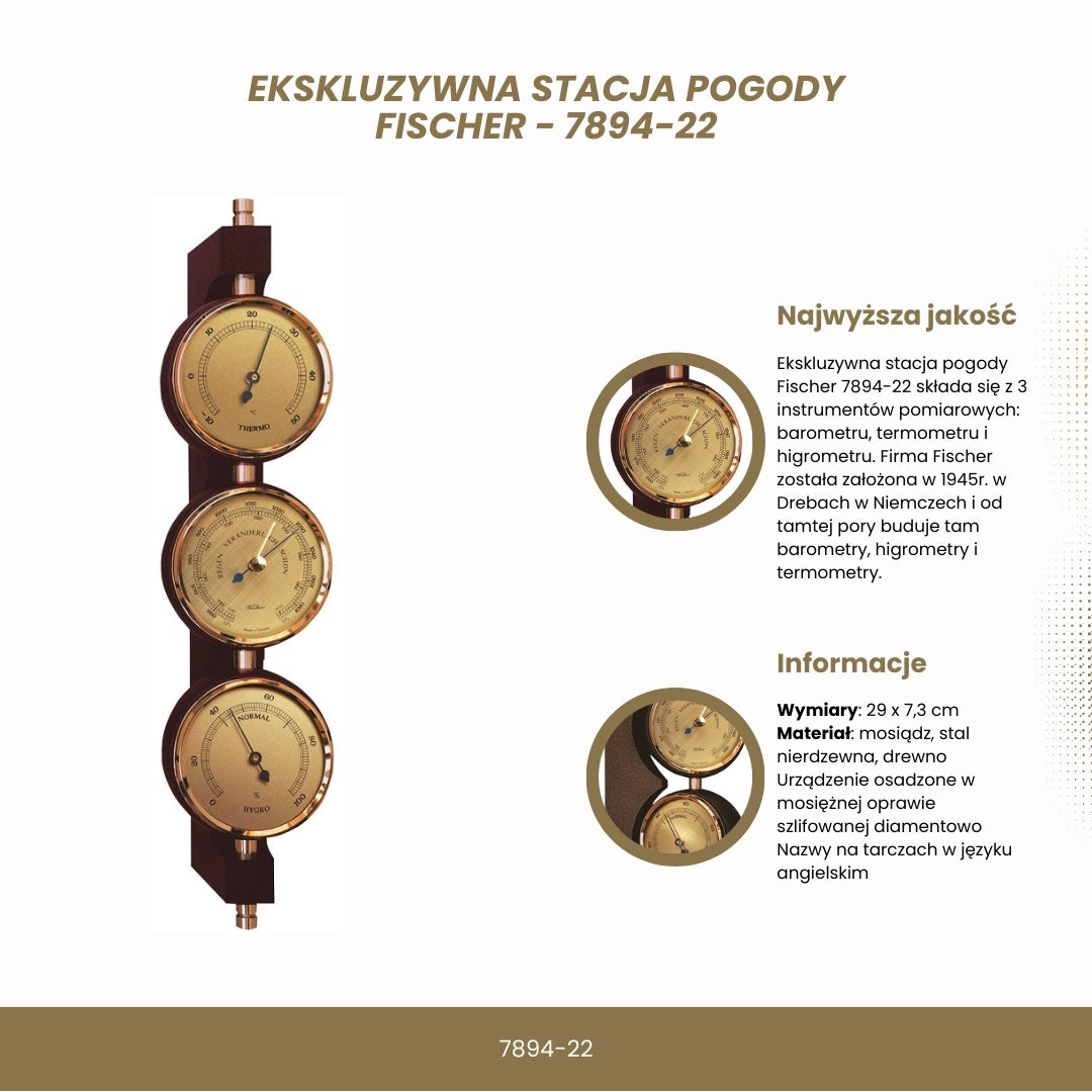 Ekskluzywna Stacja Pogody Fischer - Barometr Higrometr Termometr - Mosiądz Mahoń – 7894-22