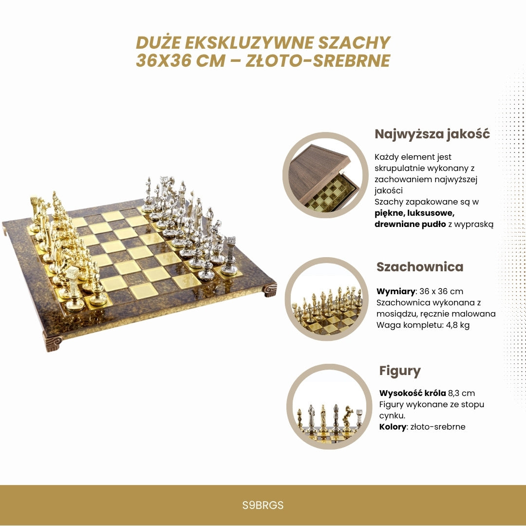 Duże Ekskluzywne Szachy – 36x36 cm – Złoto-srebrne - Renesans S9BRGS