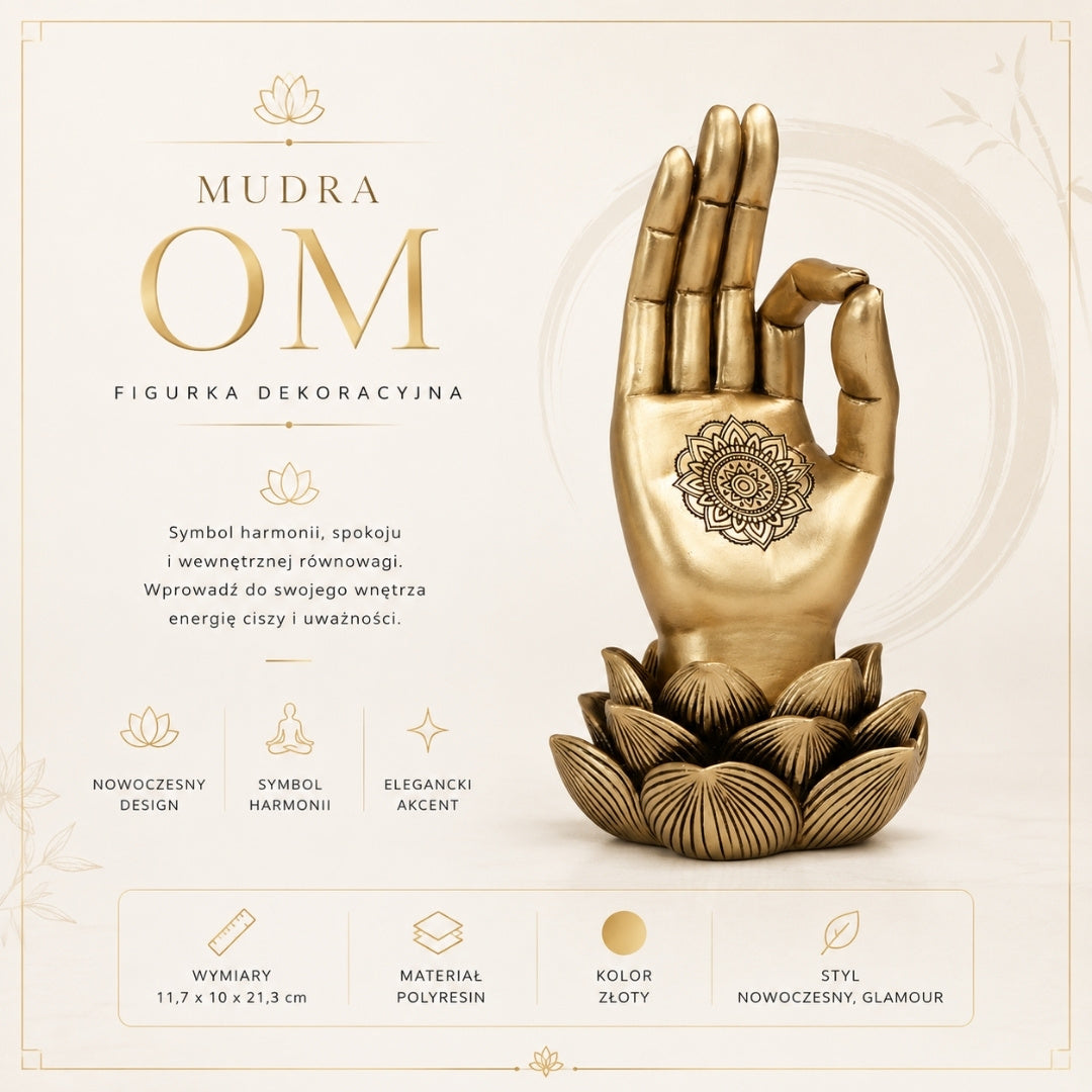 Złota Figurka Dłoń Buddy Mudra OM - Joga Kwiat Lotosu - 43724