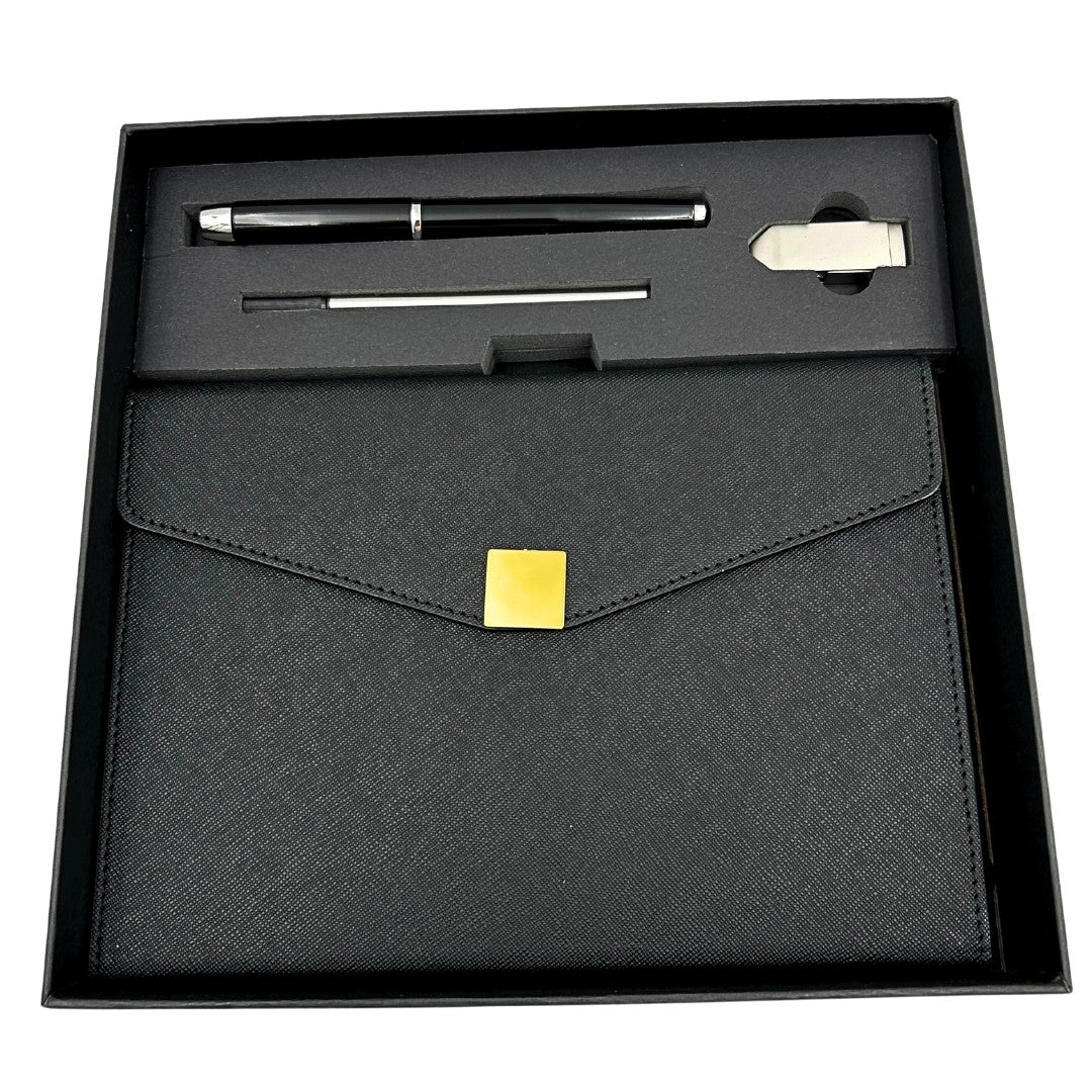 Elegancki Zestaw Prezentowy Premium – Notes A5 z Długopisem i Pendrive 16GB w Pudełku – Czarno-złoty – EE9