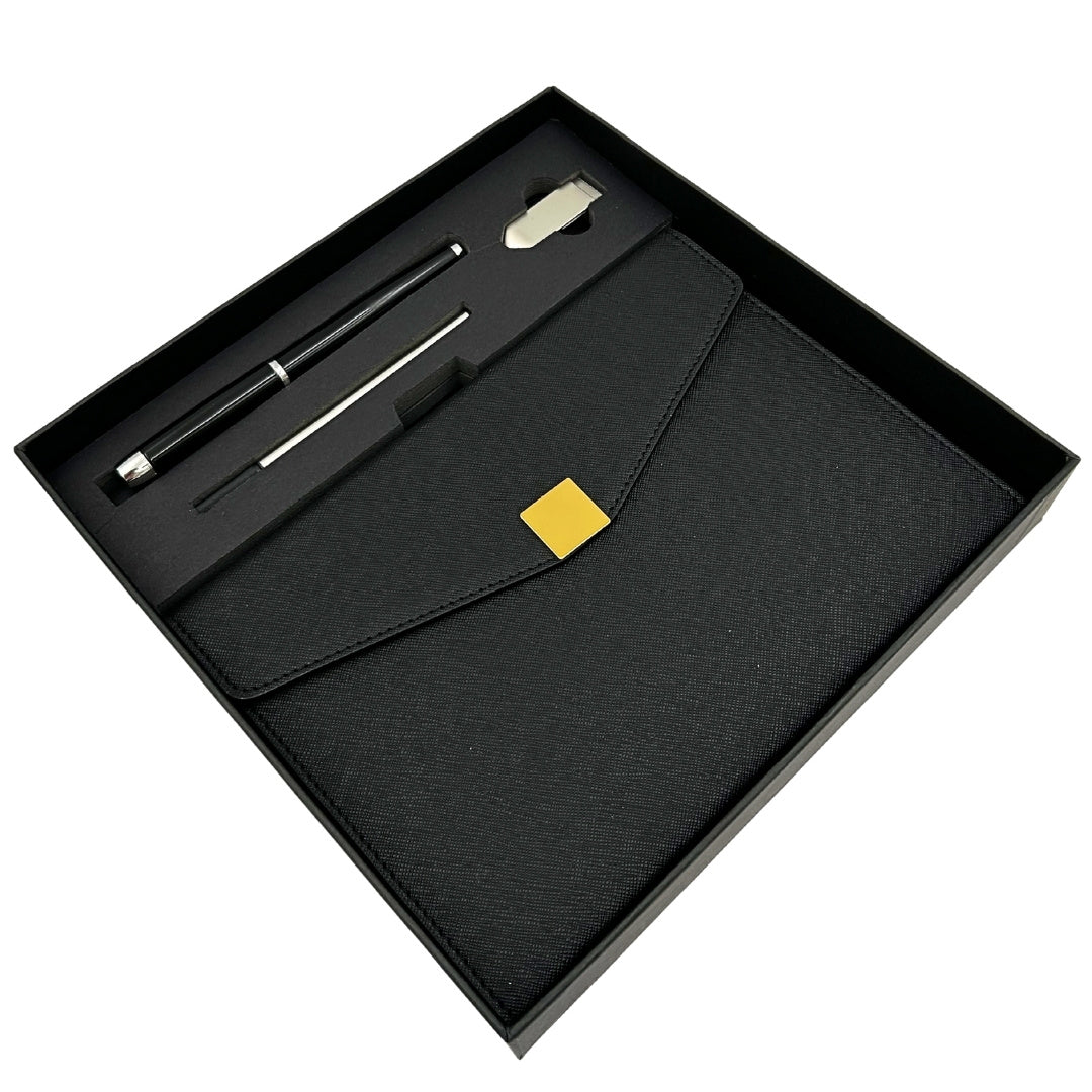 Elegancki Zestaw Prezentowy Premium – Notes A5 z Długopisem i Pendrive 16GB w Pudełku – Czarno-złoty – EE9