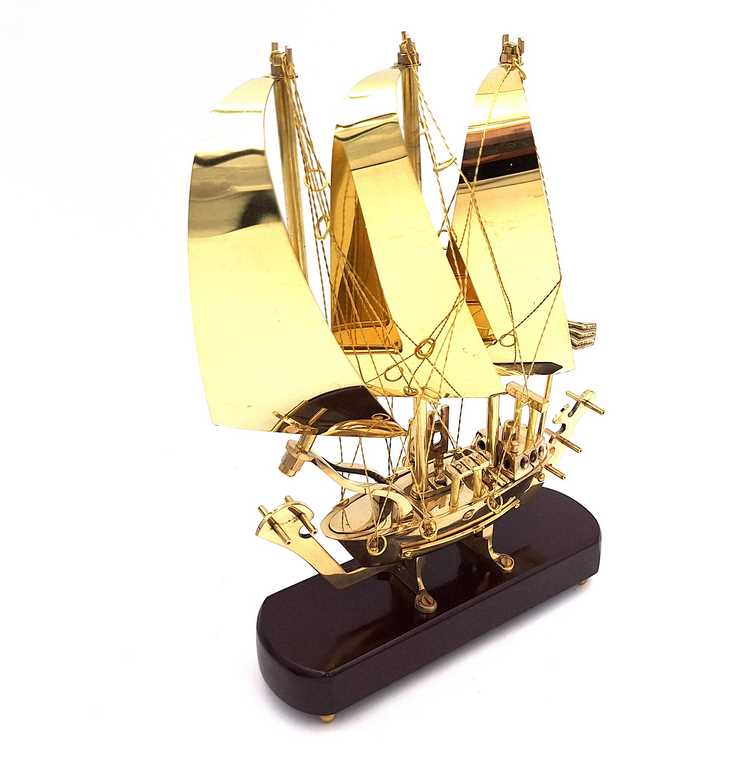 Okręt mosiężny na podstawie drewnianej - 30cm - N-3615A