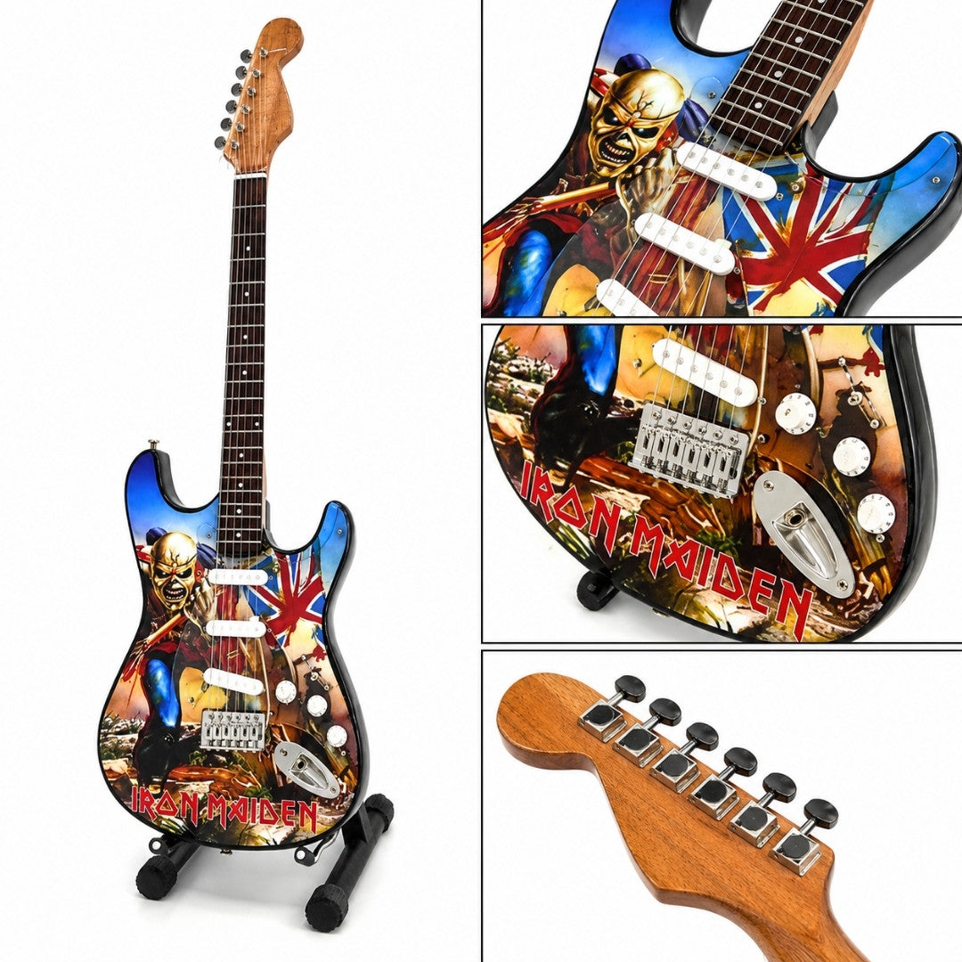 Mini Gitara Dekoracyjna Iron Maiden „The Trooper” z Mahoniu - Ręcznie Wykonana Ozdoba dla Fanów Muzyki