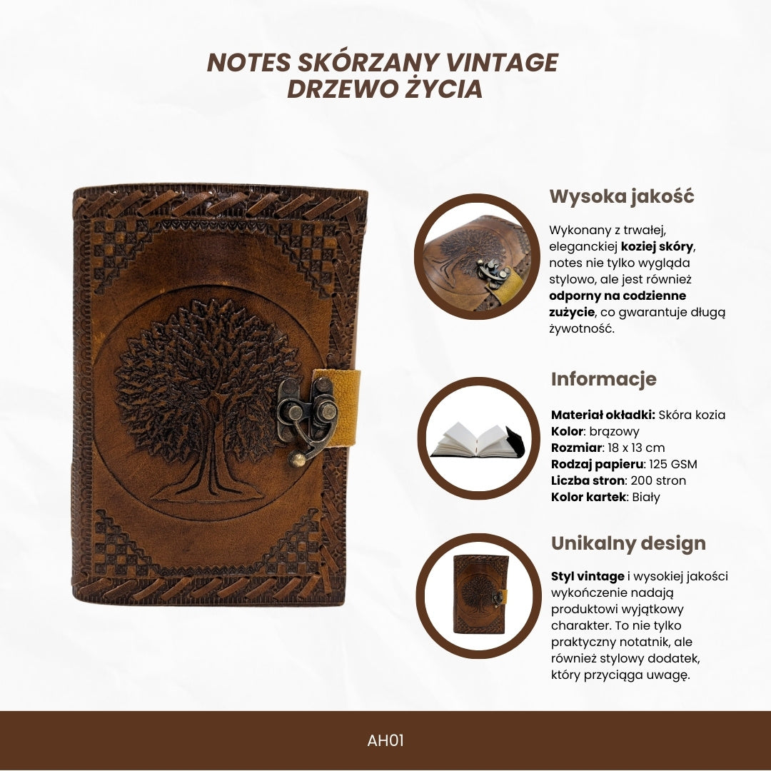 Notes Skórzany Vintage Retro 200 stron – Drzewo Życia - AH01