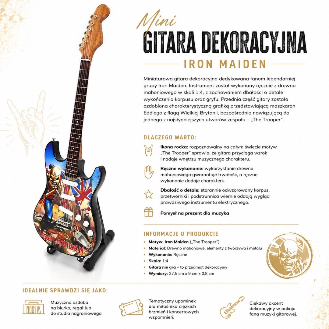 Mini Gitara Dekoracyjna Iron Maiden „The Trooper” z Mahoniu - Ręcznie Wykonana Ozdoba dla Fanów Muzyki