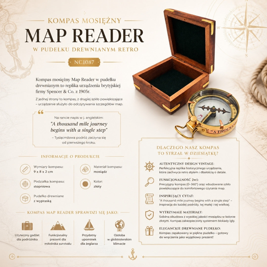Kompas Mosiężny Map Reader w Pudełku Drewnianym Retro - NC1087