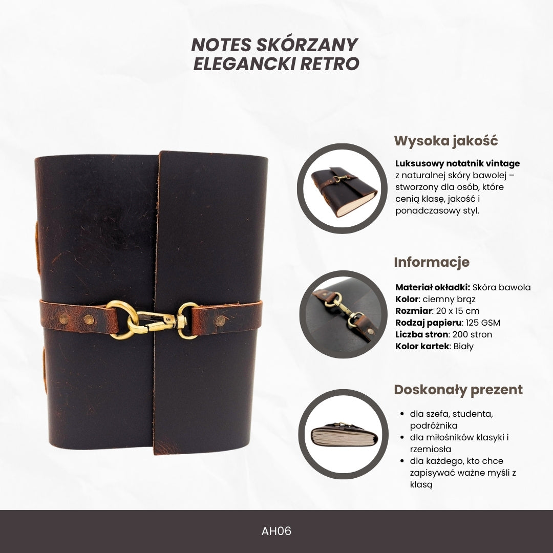 Elegancki Notes Skórzany Retro 200 stron Vintage - AH06