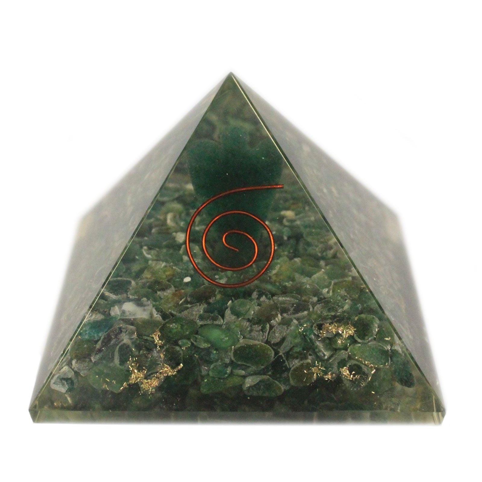 Magická orgonitová pyramida 70 mm - anděl s esoterickými objekty, zelenkavým vnitřkem a ručním dokončením