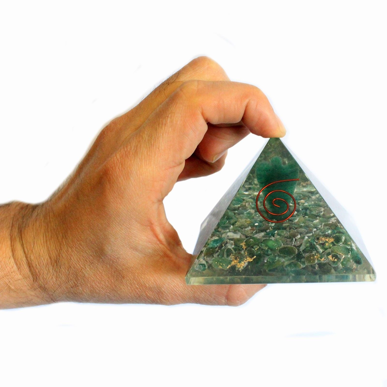 Magická orgonitová pyramida 70 mm - anděl s esoterickými objekty, zelenkavým vnitřkem a ručním dokončením