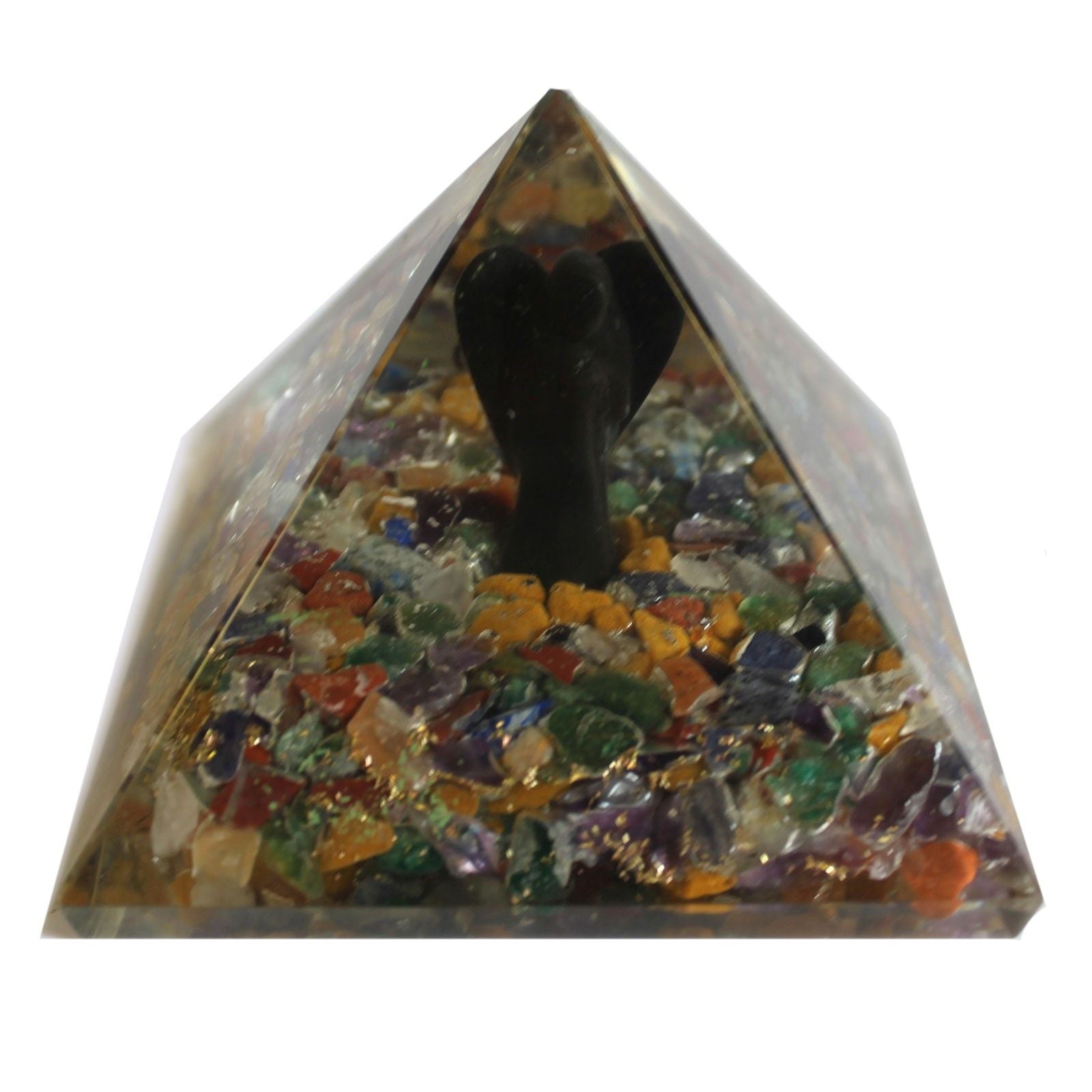 Magická orgonitová pyramida 70 mm - anděl s esoterickými objekty, zelenkavým vnitřkem a ručním dokončením