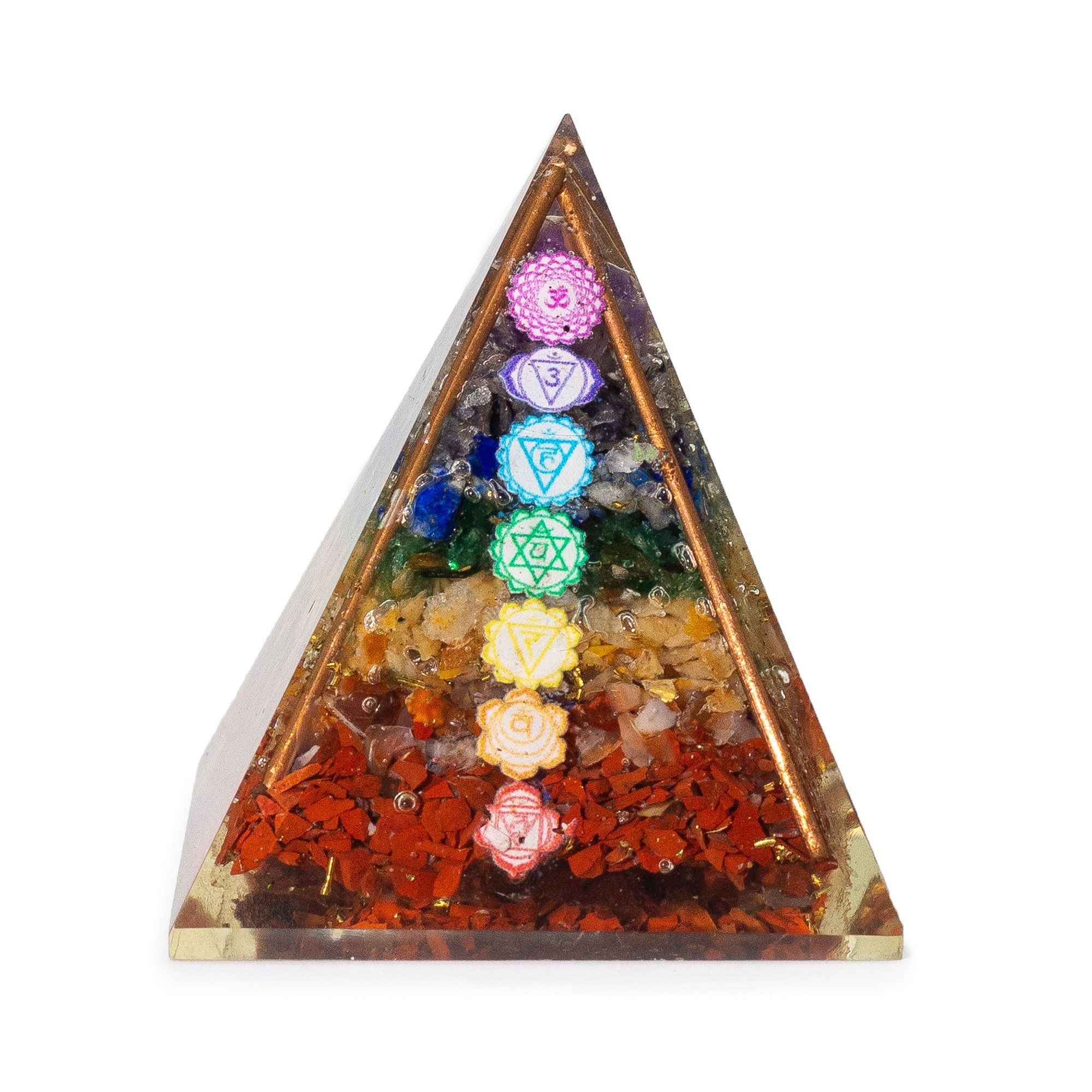 Střední orgonitová pyramida 7x6 cm s měděnými tyčemi a 7 čakrovými kameny - barevný prvek energetické harmonie jako dárek