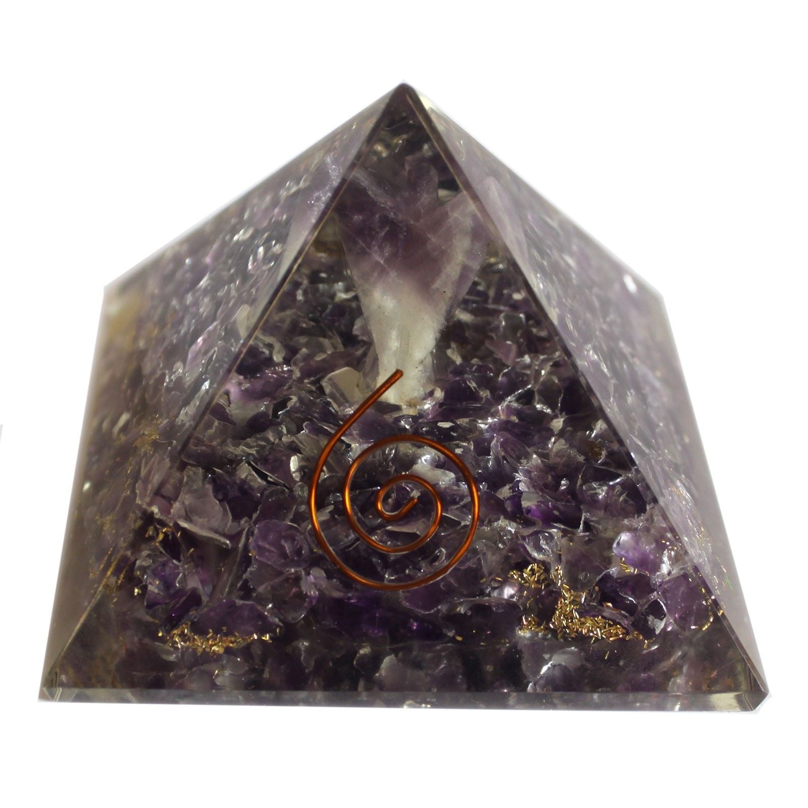 Magická orgonitová pyramida 70 mm - anděl s esoterickými objekty, zelenkavým vnitřkem a ručním dokončením