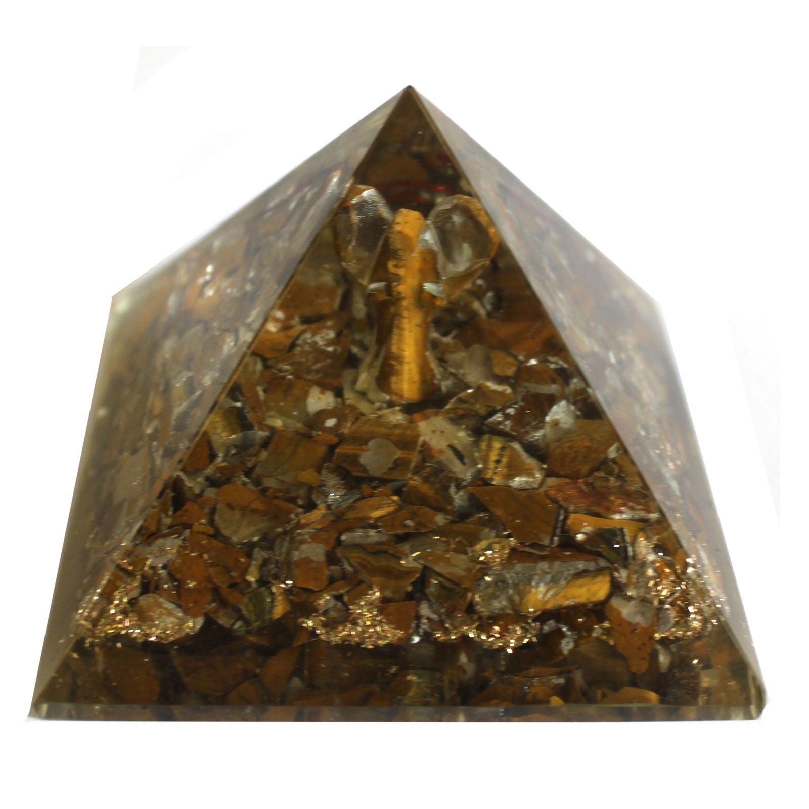 Magická orgonitová pyramida 70 mm - anděl s esoterickými objekty, zelenkavým vnitřkem a ručním dokončením