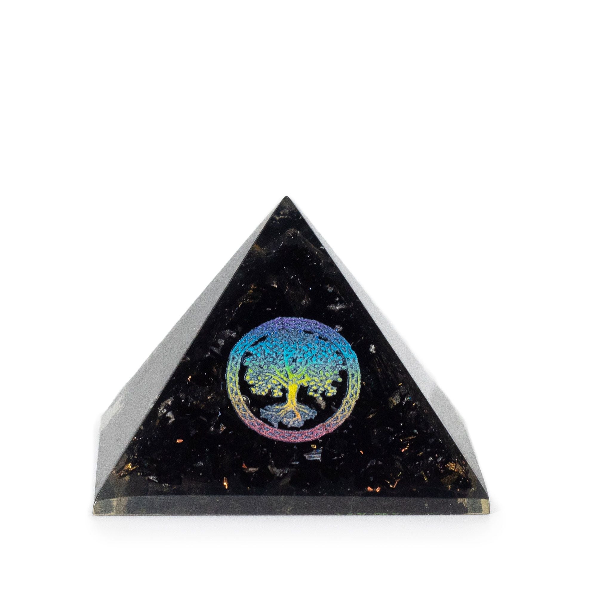 Elegantní orgonitová pyramida z černého turmalínu se symbolem stromu života - 5,5x4,5 cm