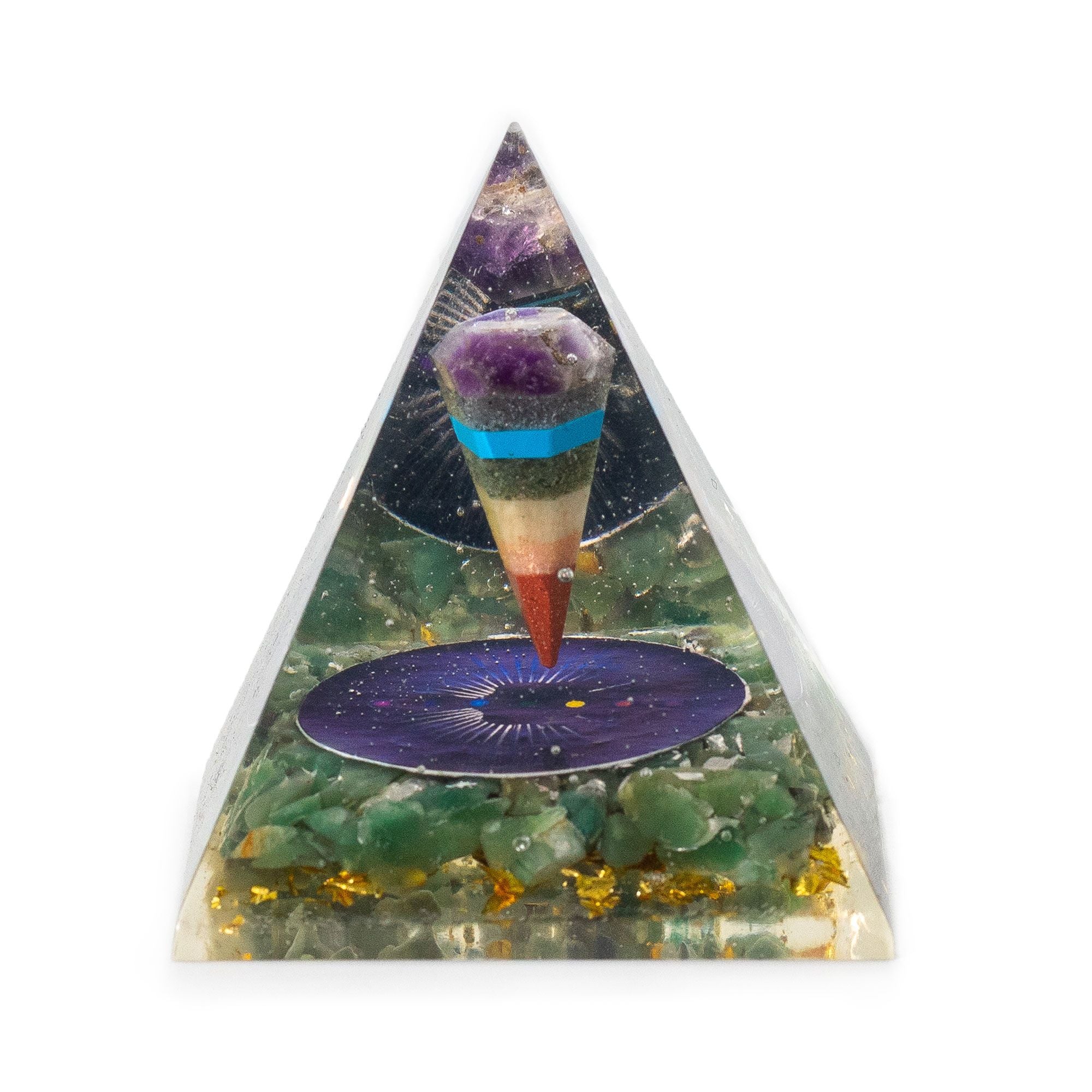 Střední orgonitová pyramida s kyvadlem a zelenými čipy aventurínu 7x6 cm