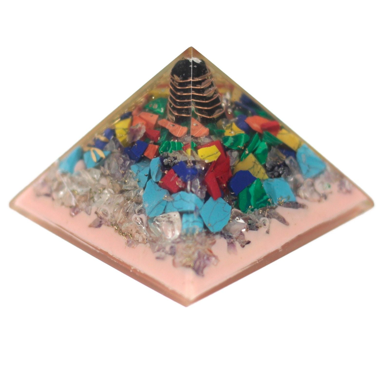 Orgonitová pyramida 70 mm - strom z drahých kamenů, mědi a kovových vložek