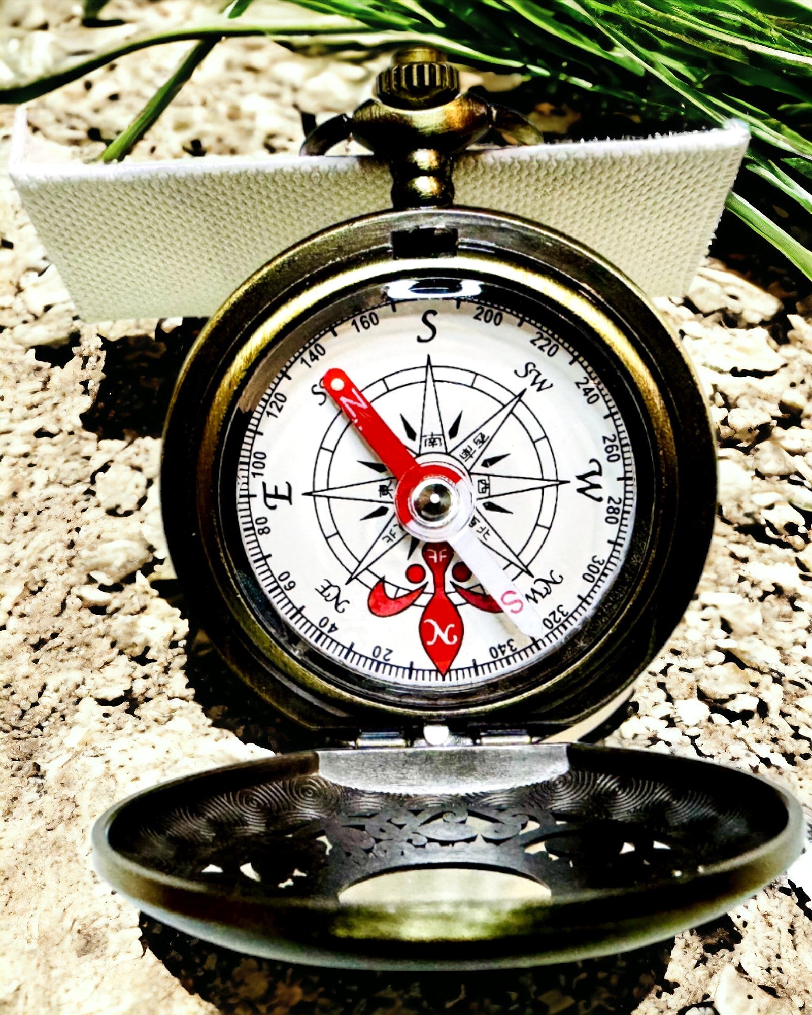 Navigační kompas ve vintage stylu s prolamovaným vzorem – hnědo-zlatá barva