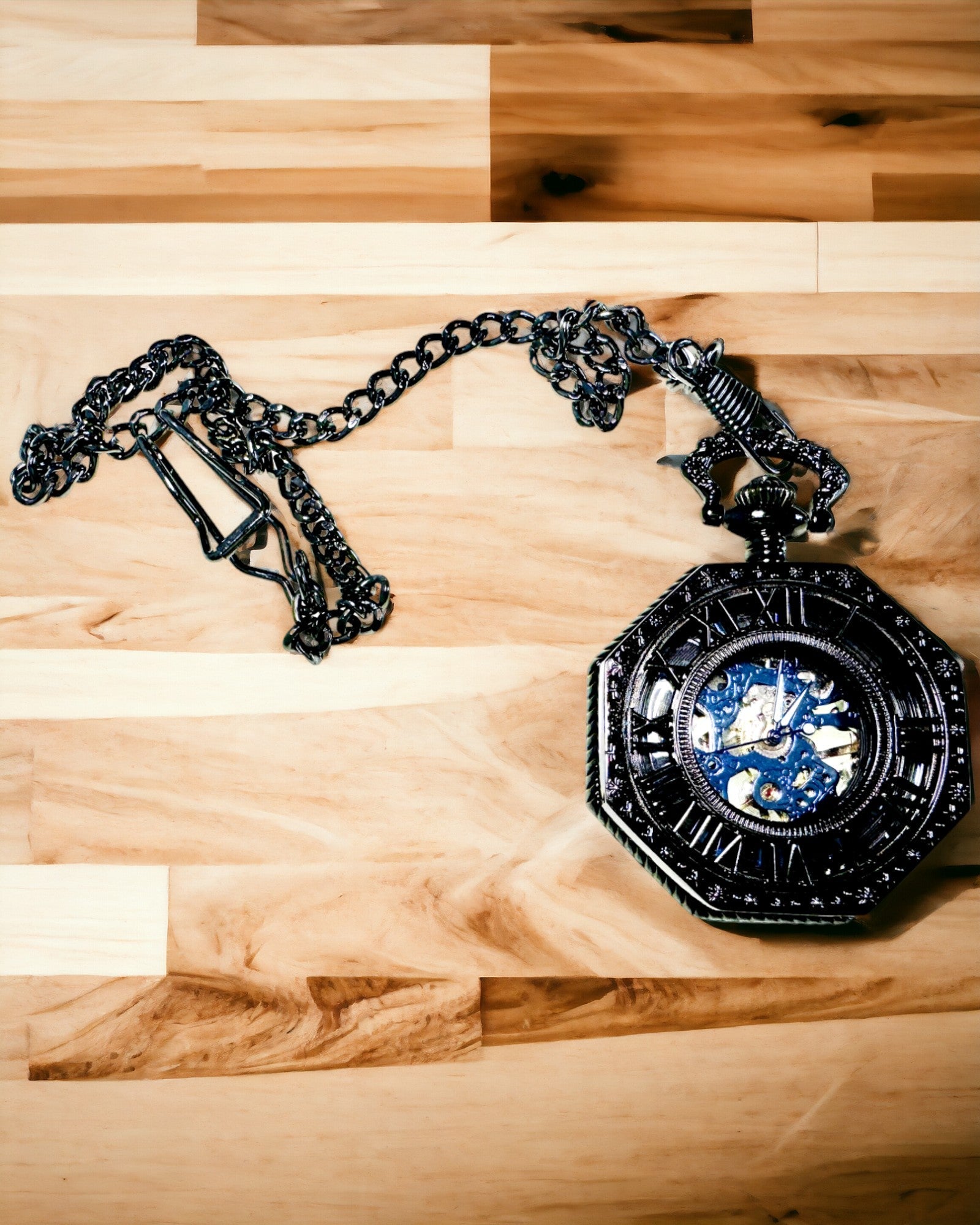 Klasické osmihranné mechanické kapesní hodinky Steampunk v černé barvě, gravírování