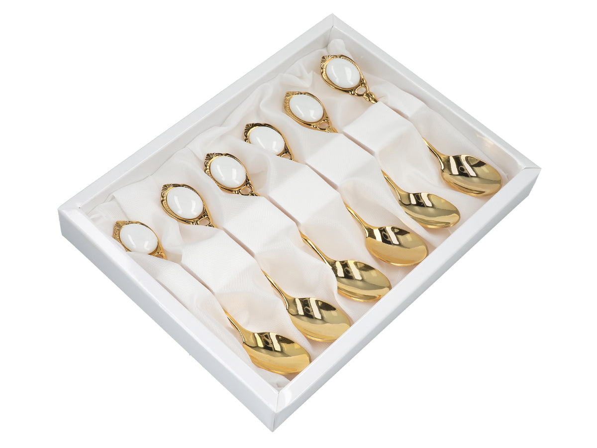 Zestaw 6 łyżeczek powlekanych 24K złotem Białe oczka CARMANI z możliwością personalizacji grawerem - elegancki prezent na każdą okazję, wymiary 13 cm