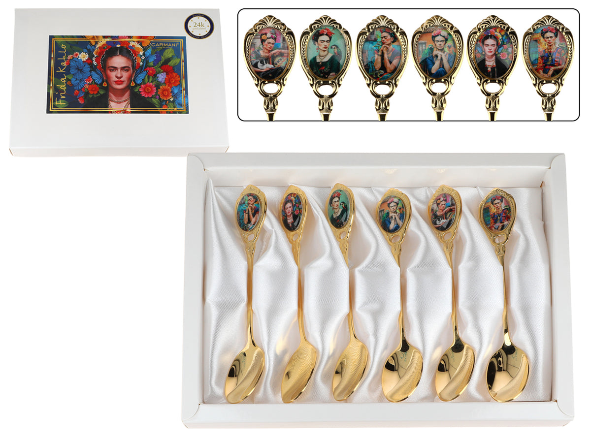 Sada 6 lžiček potažených 24K zlatem F. Kahlo s možností personalizace gravírováním - elegantní příbor jako dárek, 13 cm, CARMANI