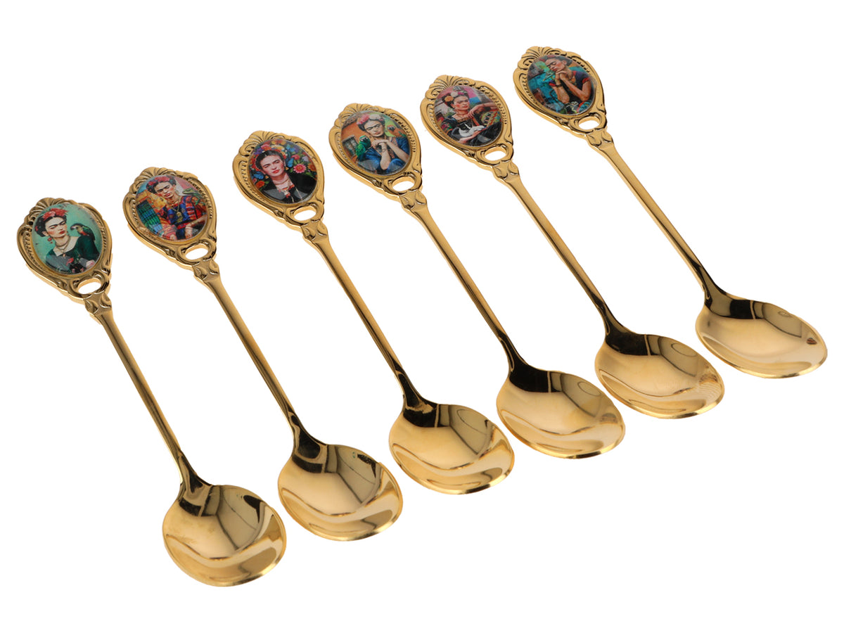Sada 6 lžiček potažených 24K zlatem F. Kahlo s možností personalizace gravírováním - elegantní příbor jako dárek, 13 cm, CARMANI