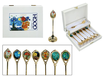 Zestaw 6 łyżeczek powlekanych 24K złotem z 1 łyżeczką do cukru - V. van Gogh, mix, możliwość personalizacji grawerem, eleganckie opakowanie na prezent, wymiary 13 cm