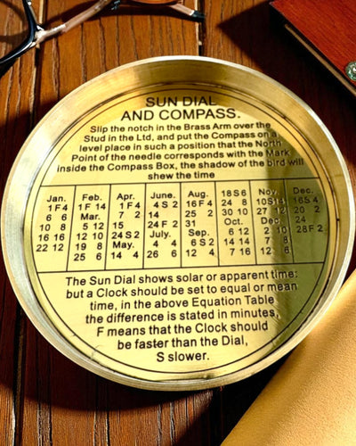 Sluneční kompas Voyager 7cm – mosazné sluneční hodiny s kompasem, personalizace gravírováním jako dárek