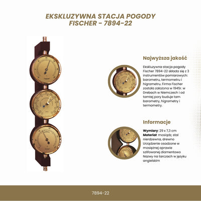 Ekskluzywna Stacja Pogody Fischer - Barometr Higrometr Termometr - Mosiądz Mahoń – 7894-22