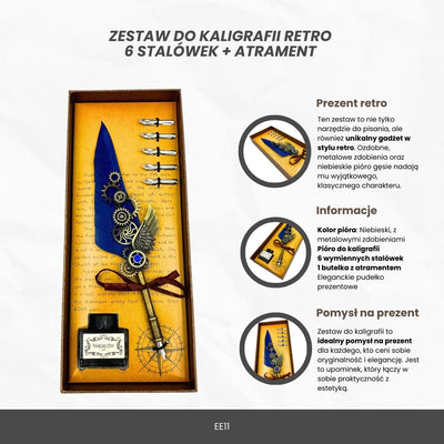 Retro kaligrafická sada s modrým husím brkem Vintage, 6 hrotů, inkoust, dárek – EE11