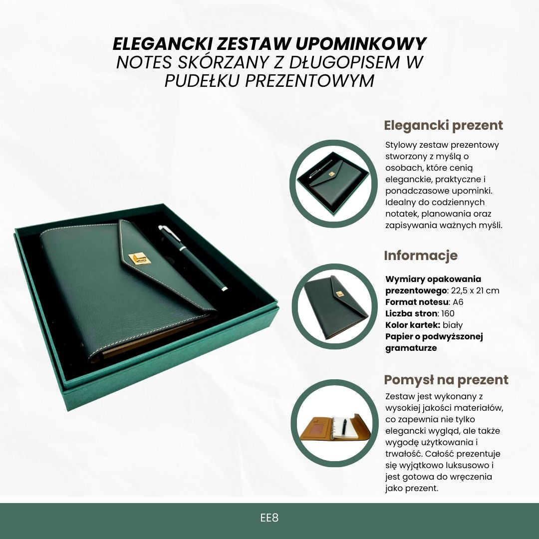 Elegancki Zestaw Upominkowy - Notes Skórzany z Długopisem w Pudełku Prezentowym – Premium – EE8