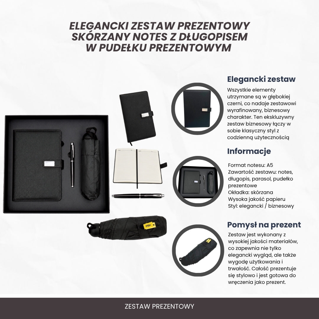 Elegancki Zestaw Upominkowy - Notes Skórzany z Parasolką i Długopisem w Pudełku Prezentowym - EE12