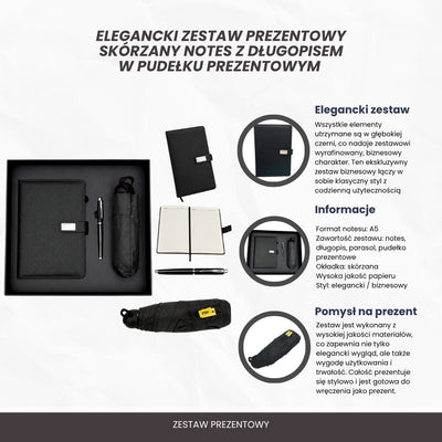 Elegancki Zestaw Upominkowy - Notes Skórzany z Parasolką i Długopisem w Pudełku Prezentowym - EE12