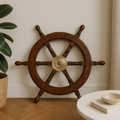 Koło Sterowe Drewniane – 45 cm - Dekoracja Marynistyczna Retro - NC1402A