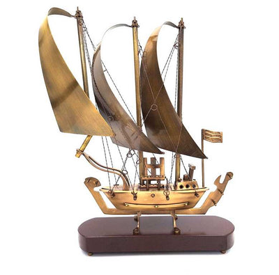 Velká mosazná loď na dřevěném podstavci - 38cm - N-3615B
