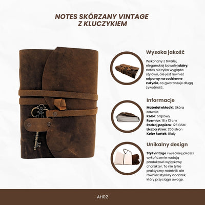 Kožený zápisník Retro s klíčkem a páskem 200 stran 18 x 13 cm - AH02