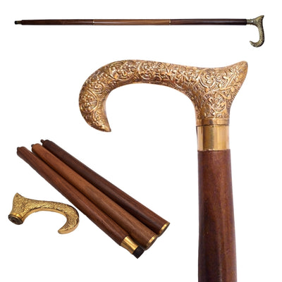 Dřevěná hůl na chůzi se zlatou rukojetí - skládací - elegantní dárek s možností personalizace gravírováním - 91,5 cm, hnědá s mosaznou rukojetí