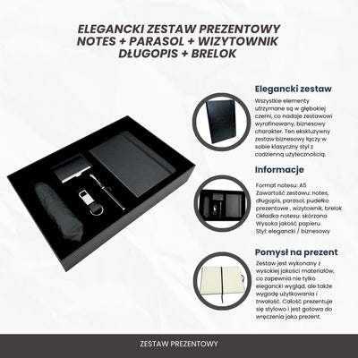 Elegancki Biznesowy Zestaw Prezentowy Premium - Skórzany Notatnik Parasol Wizytownik Długopis Brelok - EE15