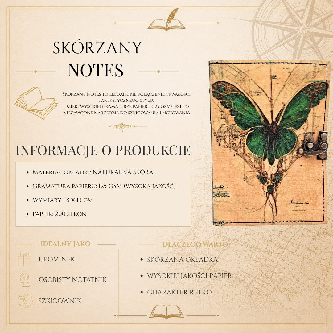 Notes Skórzany Retro Motyl - Skóra Kozia 200 stron - AH20