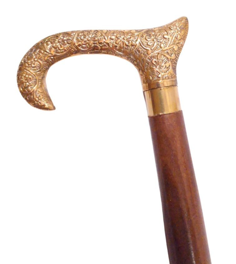 Dřevěná hůl na chůzi se zlatou rukojetí - skládací - elegantní dárek s možností personalizace gravírováním - 91,5 cm, hnědá s mosaznou rukojetí