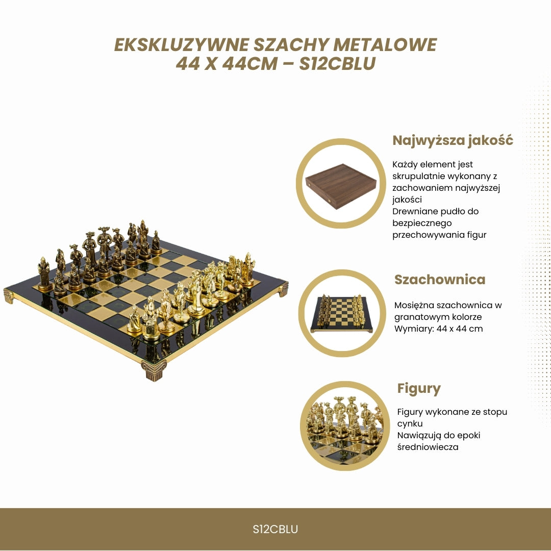Exkluzivní kovové šachy – mosazná šachovnice 44 x 44cm – středověk – S12CBLU