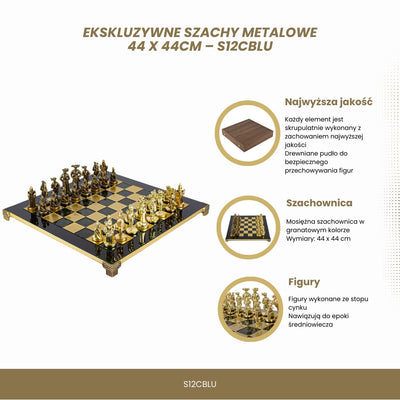 Exkluzivní kovové šachy – mosazná šachovnice 44 x 44cm – středověk – S12CBLU