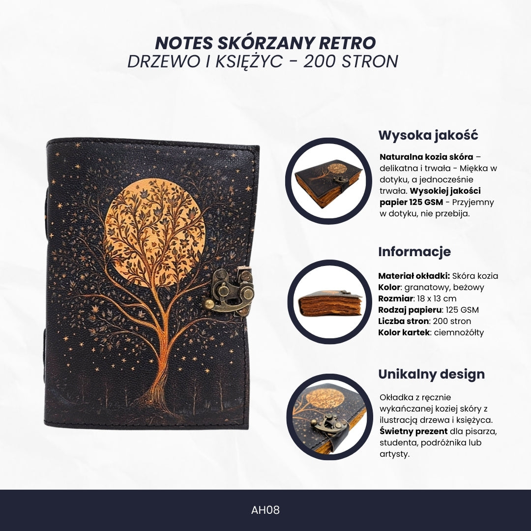 Notes Skórzany Vintage Retro Drzewo i Księżyc 200 stron – AH08