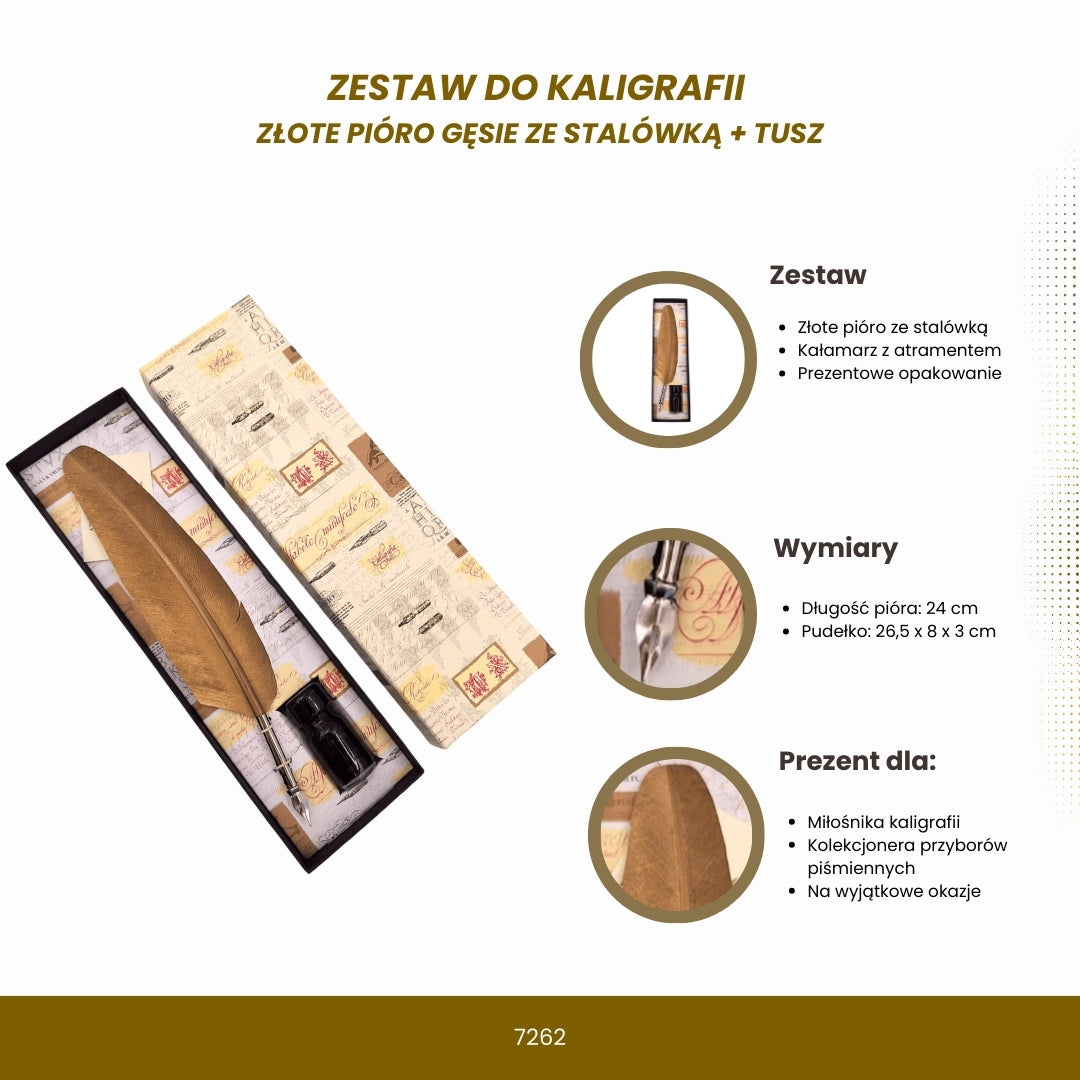 Zestaw do kaligrafii - Złote pióro gęsie ze stalówką + tusz – 7262