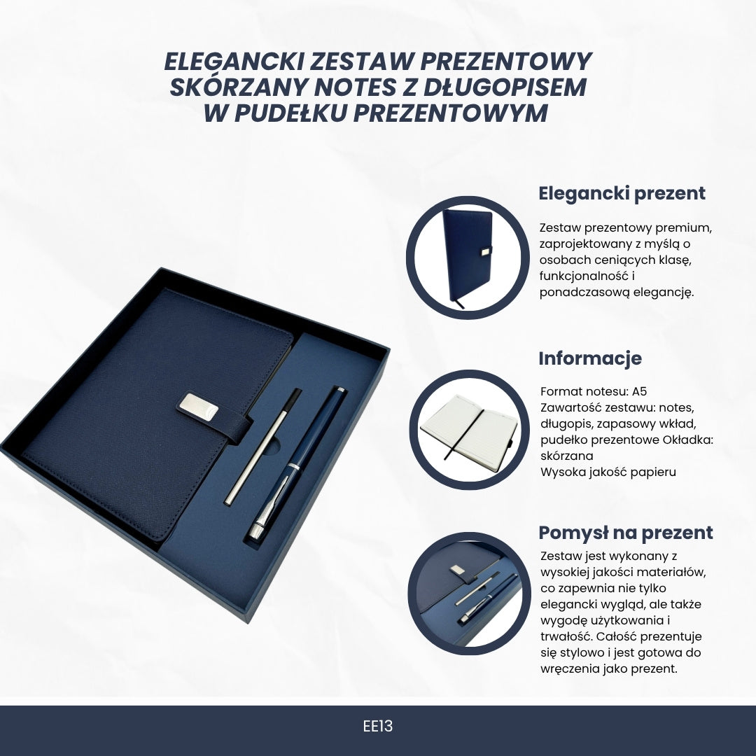 Elegantní dárková sada tmavě modrý kožený zápisník A5 s perem v dárkové krabičce - EE13