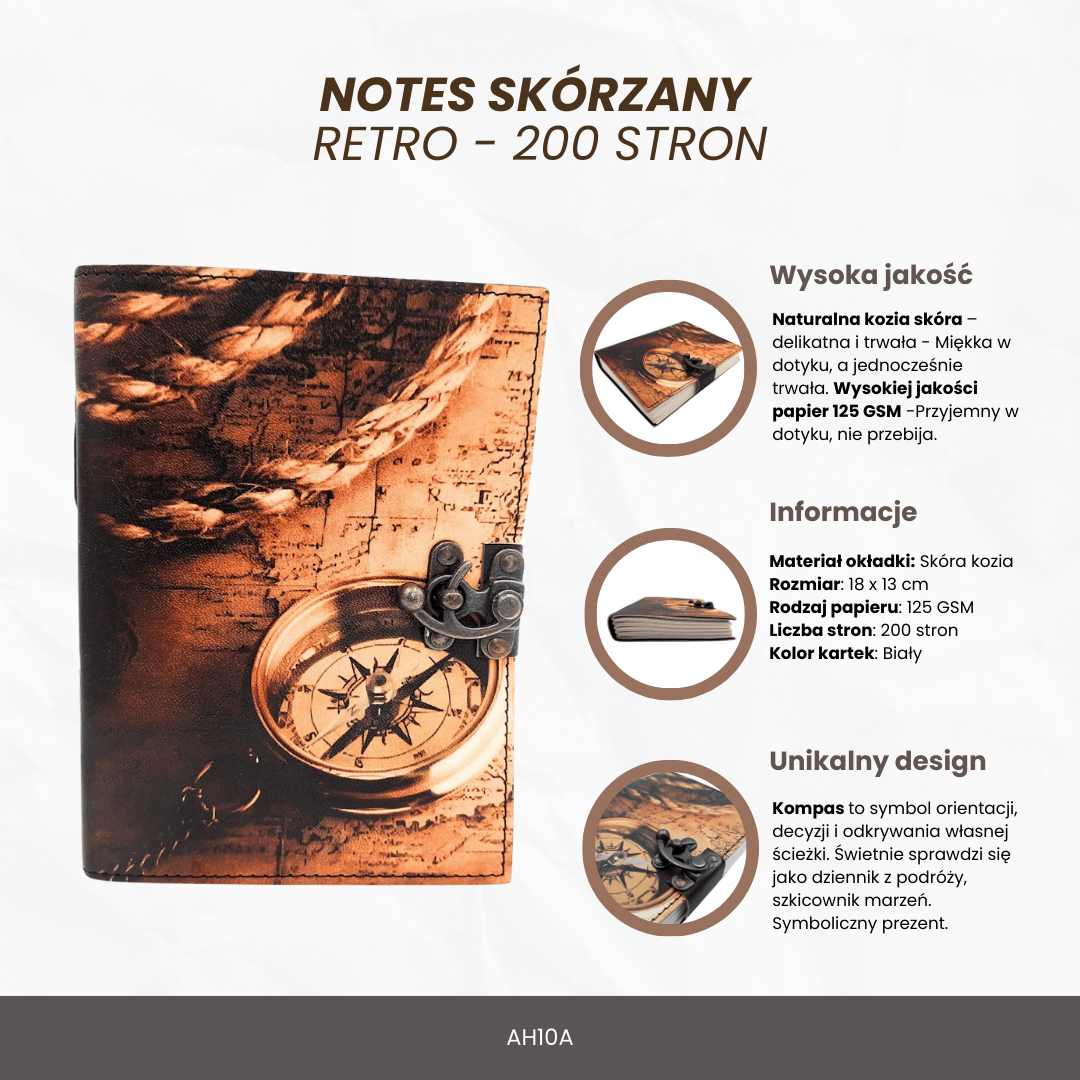 Kožený zápisník Kompas retro vintage 200 stran – dárek pro cestovatele - AH10A
