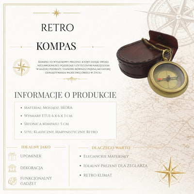 Stylový mosazný kompas s řetízkem v koženém pouzdře - COM-0470A