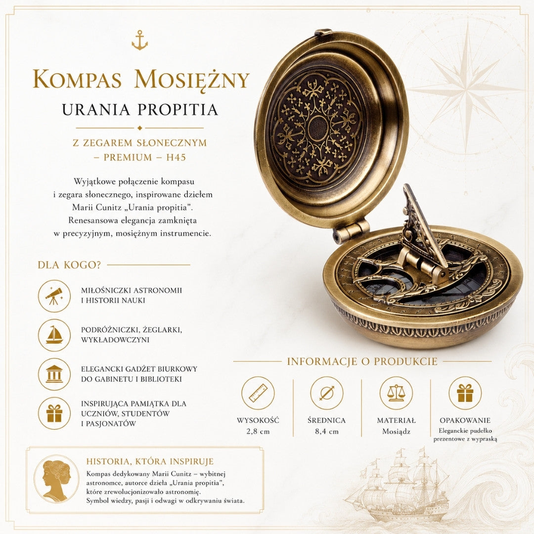Kompas Mosiężny Urania Propitia z Zegarem Słonecznym - Premium - H45